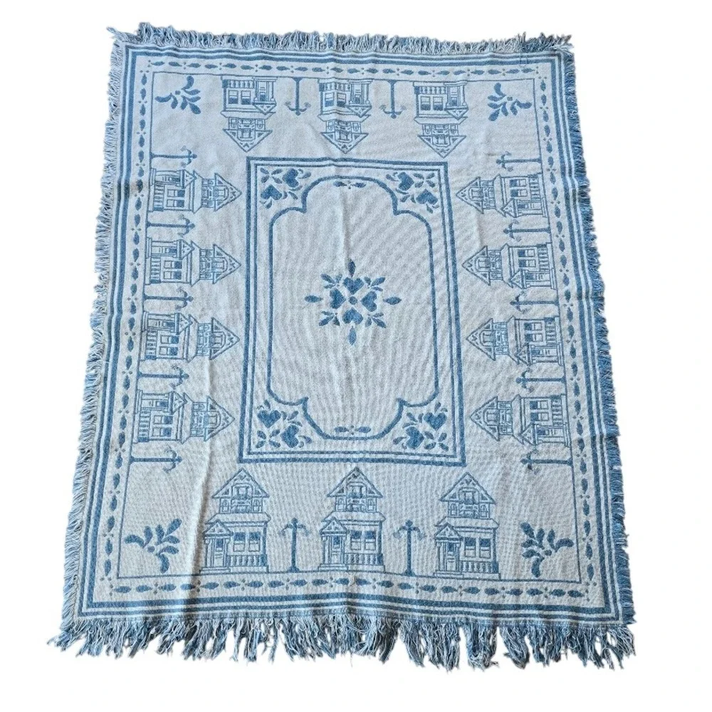 Vtg 80s/90s Blue Victorian House Woven Throw Blanket Hearts Country Cottagecore‎